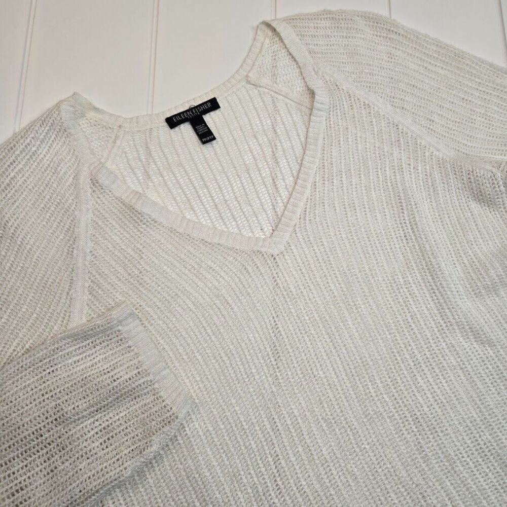 Eileen Fisher Womens PP Petite Linen Cotton Open Knit V-Neck Tunic Sweater Cream